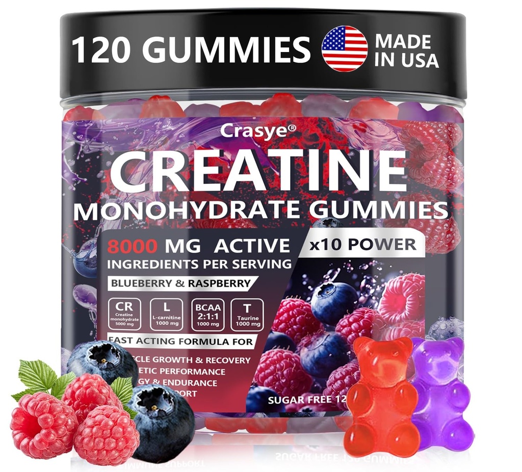 Creatine Monohydrate Gummies Complex 8000 MG 남성 여성, 에너지 지원과 근육 힘을 위한 Taurine BCAA를 가진 Creatine Gummy, 설탕 자유로운 전 운동 보충교재