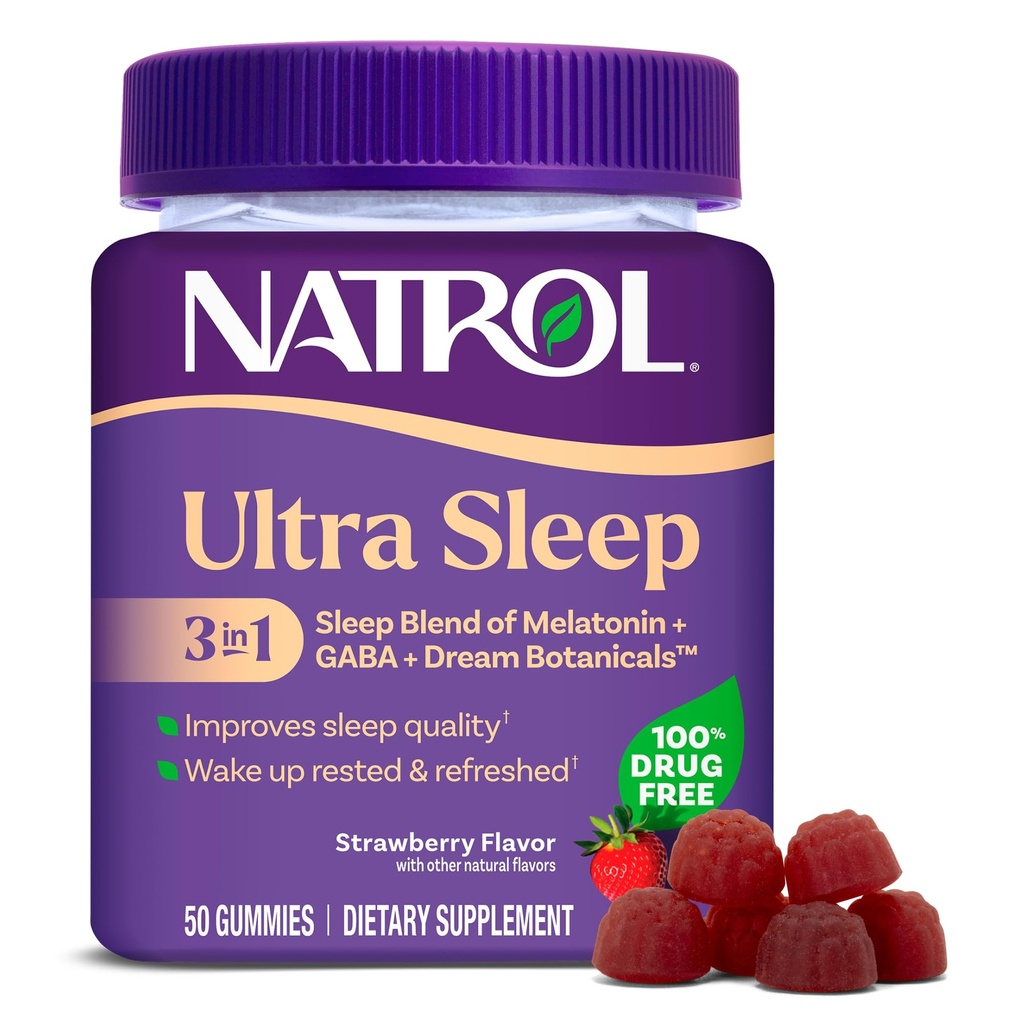 Natrol Ultra Sleep 3-in-1 100 % 멜라토닌, GABA 및 식물, 규정식 보충교재, Non-Habit Forming, 50 Gummies