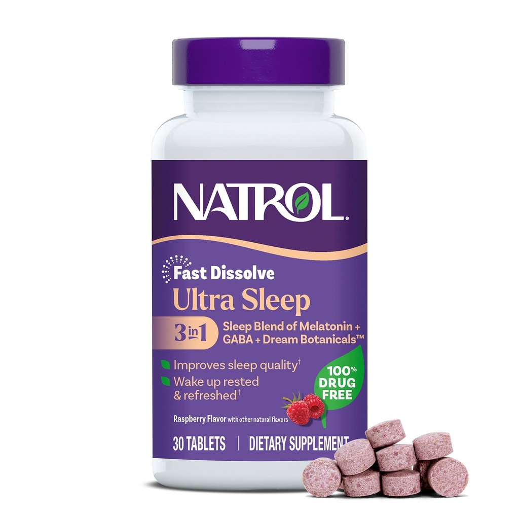 Natrol Ultra Sleep 3-in-1 100 % 멜라토닌, GABA 및 식물, 규정식 보충교재, Non-Habit 성형, 30 빠른 용해 정제