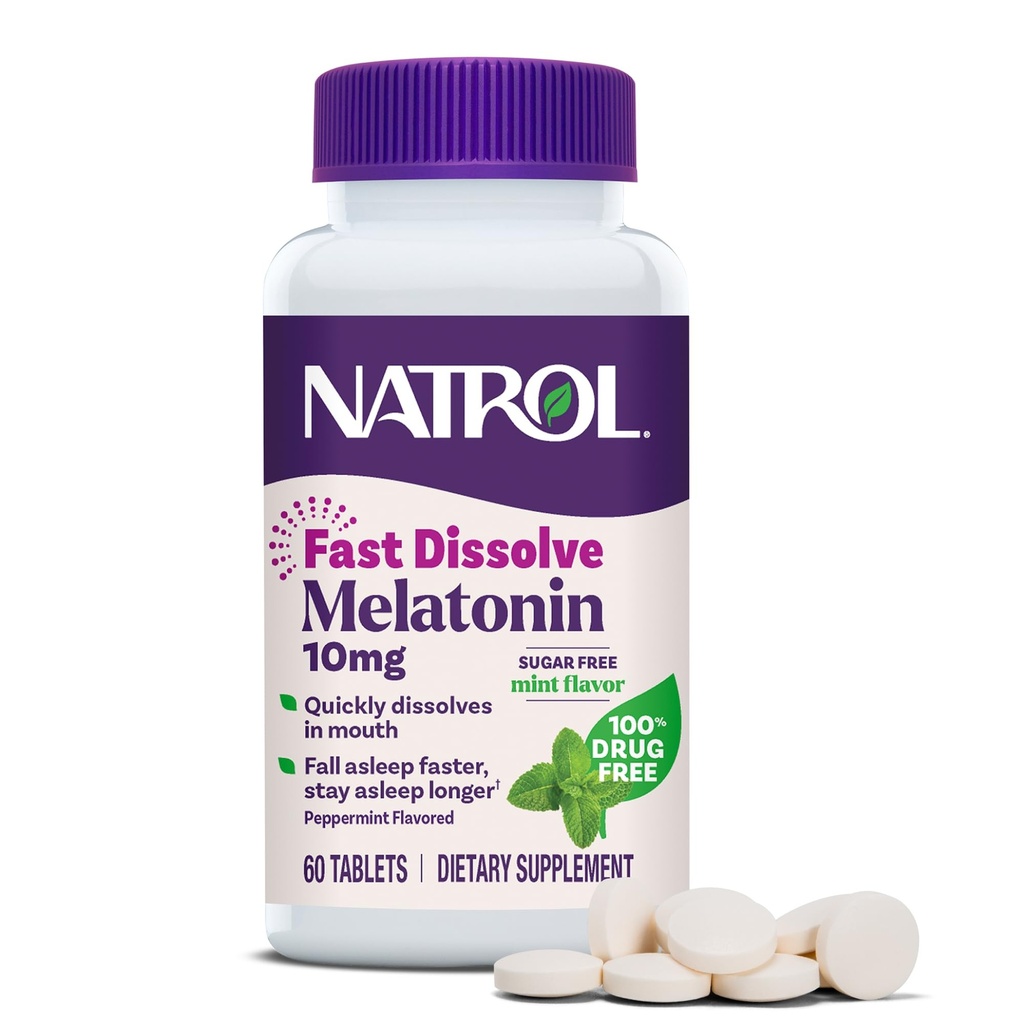 Natrol Melatonin 10mg 빠른 용해 정제 - Peppermint 풍미, 60 조사, 수면 지원, 성인을위한 빠른 용해 Melatonin, 60 일 공급