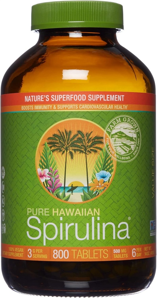 Nutrex Hawaii, Pure Hawaiian Spirulina 500 mg, Vegan, 지원 면역 체계, 심장, 세포 및 에너지, 800 정제