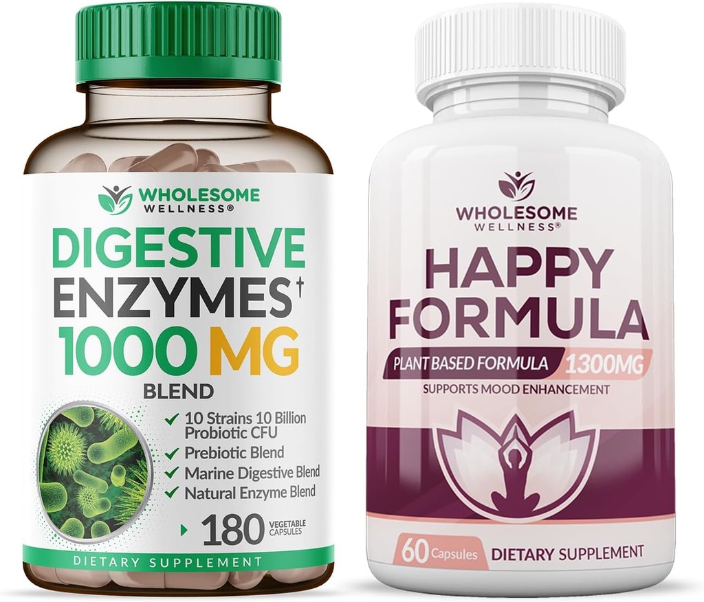 Wholesome Wellness Digestive Enzymes 1000MG Plus Prebiotics & Probiotics 보충 + 여성 및 남성 번들을 위한 행복한 공식 자연적인 긴장 공식 기복 보충교재