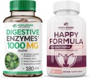 Wholesome Wellness Digestive Enzymes 1000MG Plus Prebiotics & Probiotics 보충 + 여성 및 남성 번들을 위한 행복한 공식 자연적인 긴장 공식 기복 보충교재