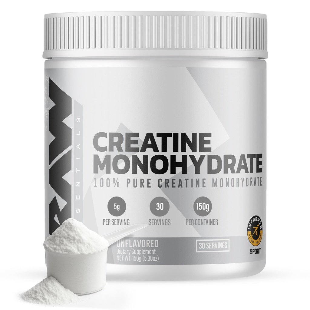 RAW Nutrition Creatine Monohydrate Powder, Unflavored (30 서빙) - 운동 성능을위한 Micronized Creatine Monohydrate 보충, 근육 및 강도 구축 - 남성 및 여성을위한 크레아틴 분말