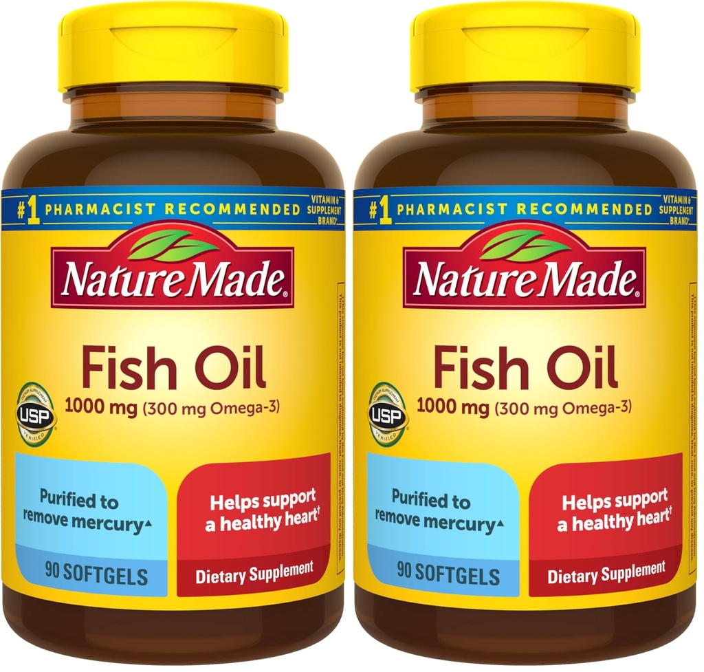 Nature Made Fish Oil Omega 3 보충제, 1000 mg Softgels, 건강한 심장 지원을위한 오메가 3 생선 기름, 90 Softgels, 45 일 공급 (팩 2)