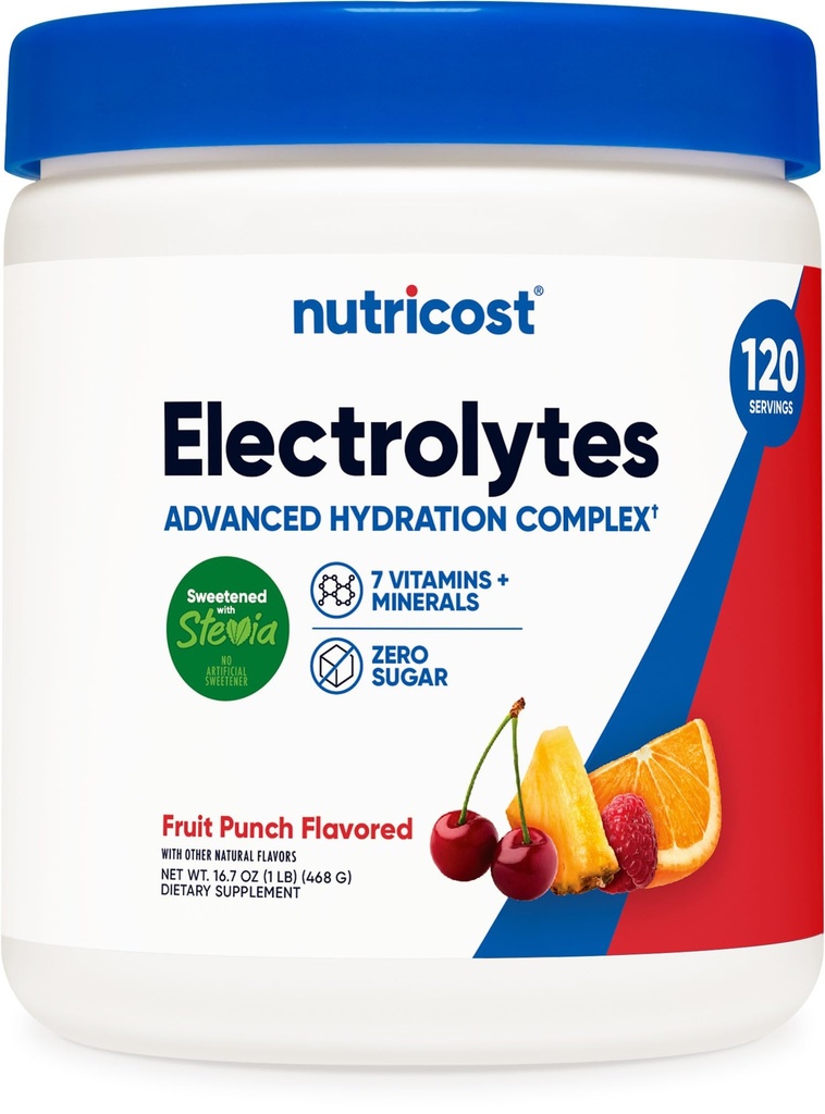 Nutricost Electrolyte Complex Powder (120 서빙, 과일 펀치) - Hydration Supplement Drink Mix with Vitamins and Minerals
