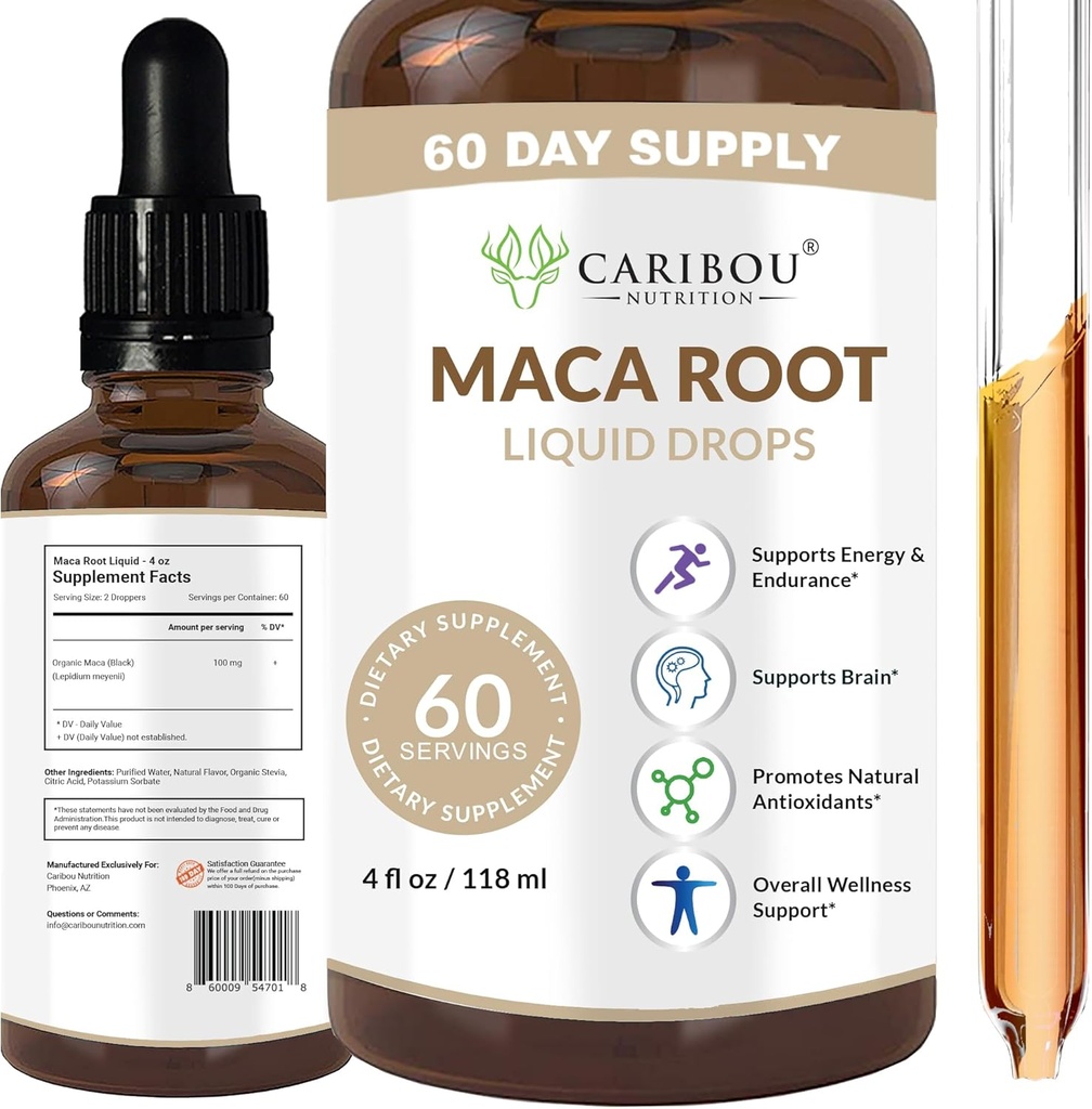 Maca Root Liquid Drops | 프리미엄 유기농 마카 뿌리 추출물 | 향상된 계류 및 활력을위한 마카 보충 | 60 인분 | 4 Fl Oz