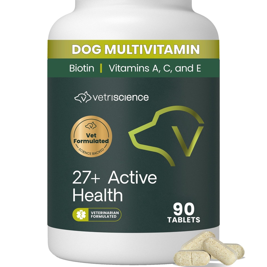 VetriScience 27+ 활동적인 건강 Chewable 정제, Puppies와 성숙한 개를 위한 Canine 플러스 매일 Multivitamin, 균형이 잡힌 비타민, 무기물 및 산화 방지제, 건강 및 웰빙 지원, 오리, 90 조사