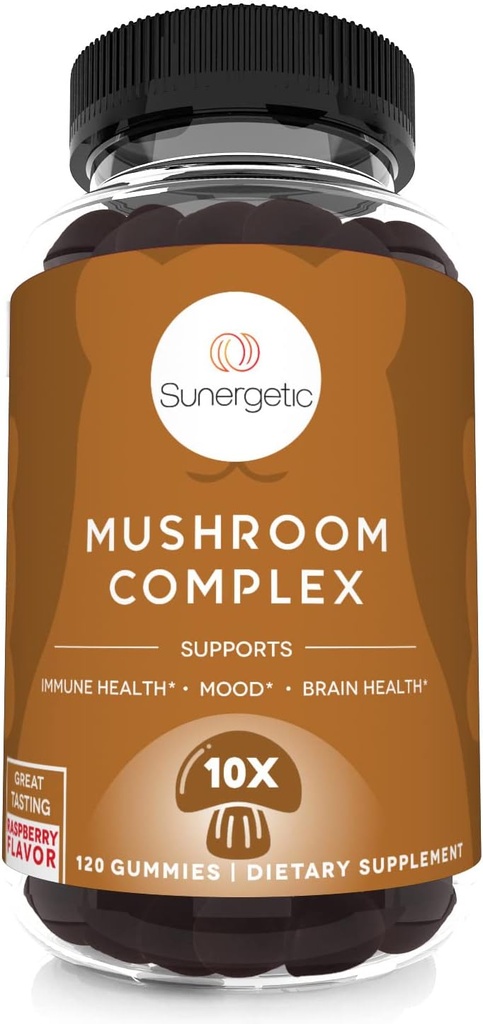 Sunergetic Premium Mushroom Gummies 보충 - 면역 건강, 두뇌, 계류 및 스트레스 지원 - 사자 Mane, Chaga 추출물, Reishi, 터키 꼬리, Cordyceps (120 Gummies)와 버섯 혼합