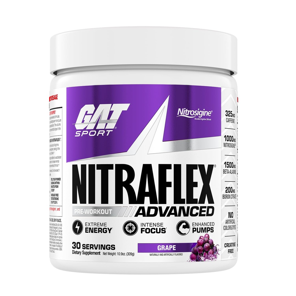 GAT SPORT, Nitraflex 고급 사전 운동 분말, 혈액 흐름 증가, 부스트 힘과 에너지, 운동 성능 향상 (Grape, 30 서빙)