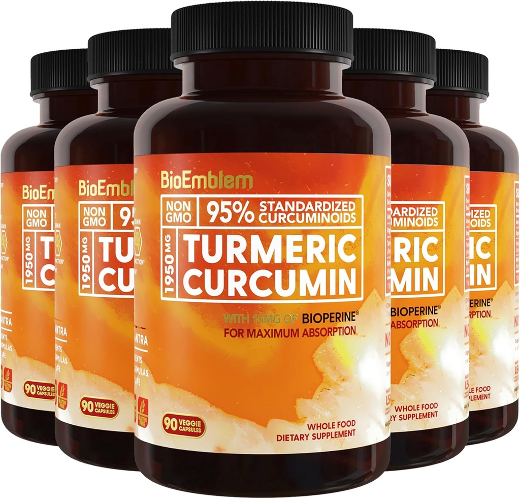 BioEmblem Turmeric Curcumin 보충교재와 BioPerine | 합동 지원 & 심장 건강 | 유기 심황 분말 & 95% Curcuminoids 추출물 | 캘리포니아 만드는, 비 GMO, 150 일 공급