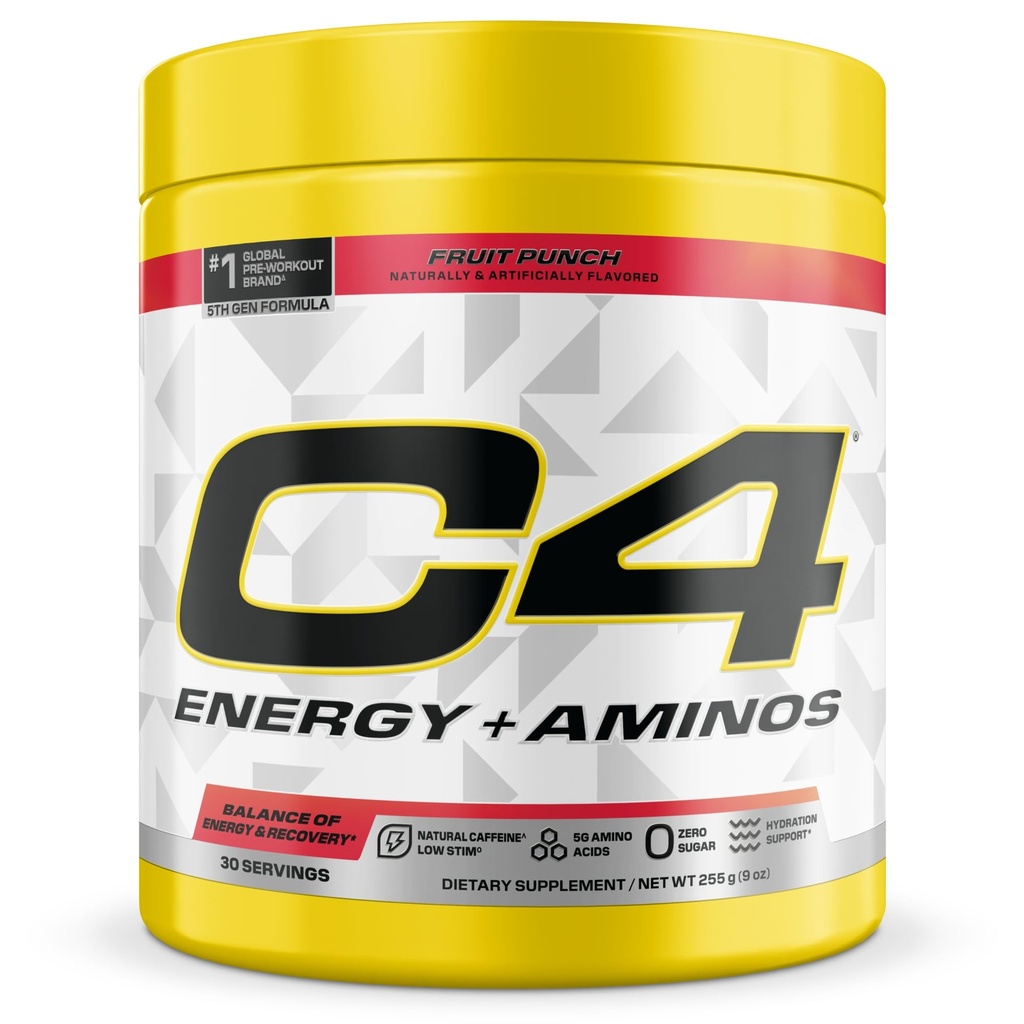 C4 에너지 + 아미노산 분말, 5g BCAAs & 근육 회복을 위한 EAAs, 100mg 자연적인 카페인, 전 운동, 영 설탕, 30의 서빙, 과일 펀치를 위한 3 전해질
