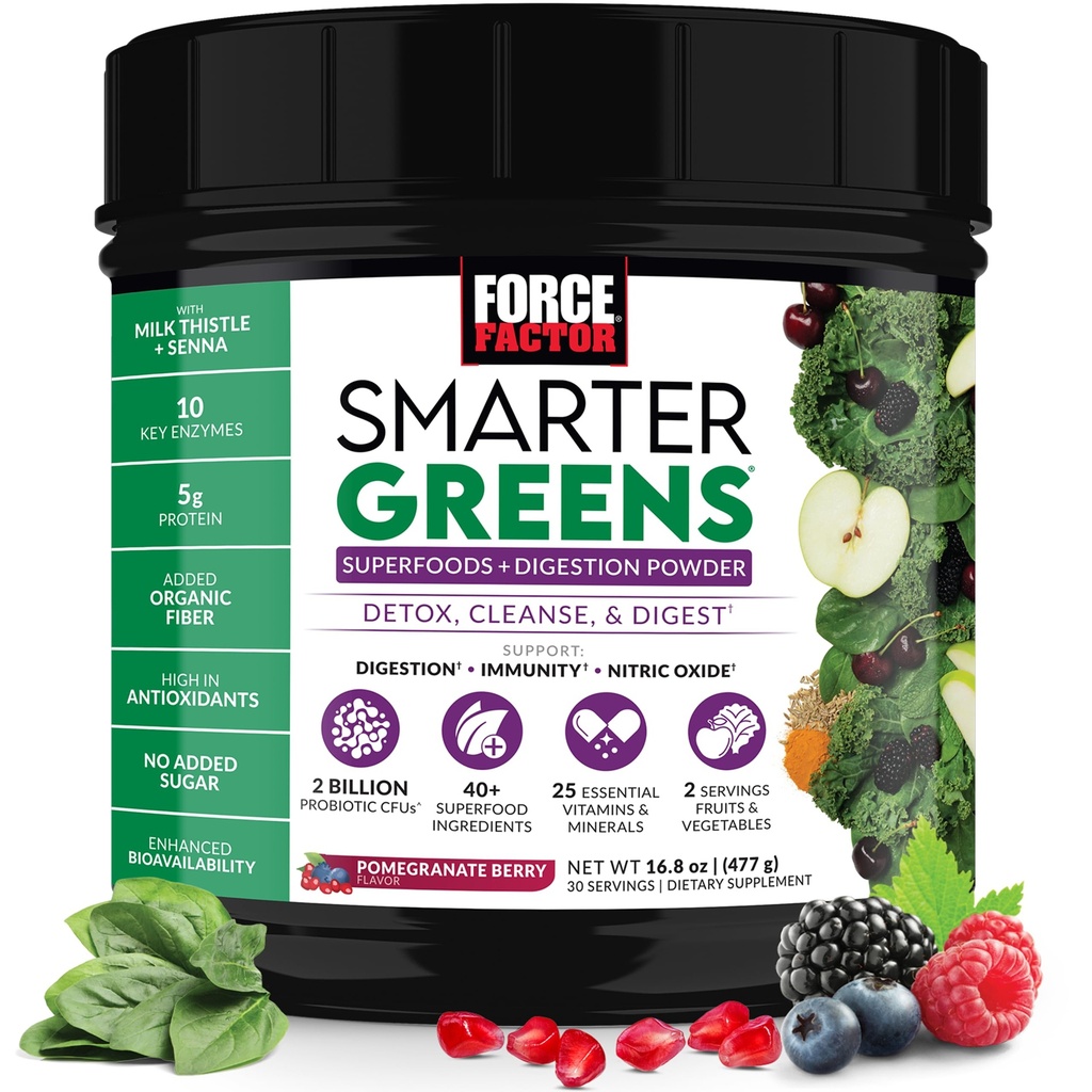 Force Factor Smarter Greens Superfoods Powder to Support Digestion, Gut Health, Bloating, Probiotics, Prebiotics, Digestive Enzymes, & Adaptogens, Pomegranate Berry, 30 서빙