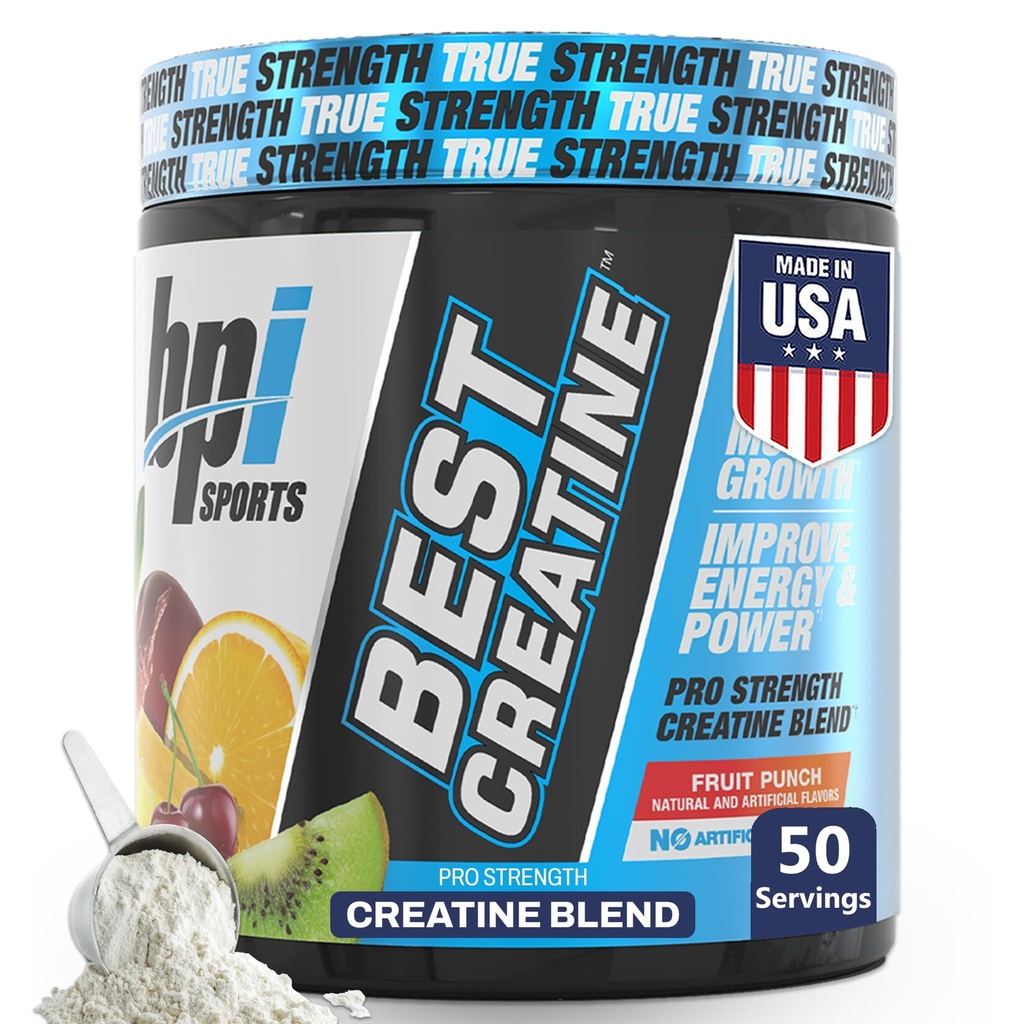 BPI Sports Best Creatine - 남성 및 여성을위한 크레아틴 Monohydrate 분말, Himalayan 소금 - 힘, 펌프, 내구력, 근육 성장, 근육 정의 - Bloat 없음 - 과일 펀치 - 50 서빙 - 10.58 온스