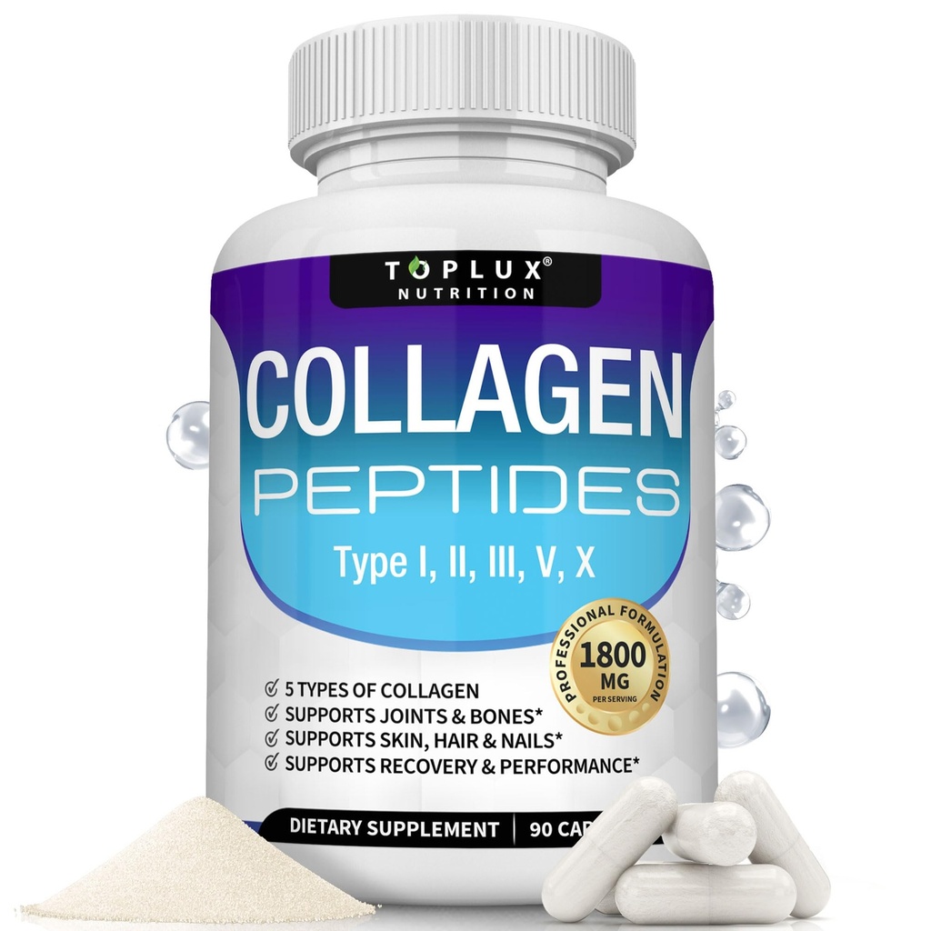Toplux 다 교원질 펩티드 알약 1800 Mg Complex - 유형 I, II, III, V, 더 나은 피부를 위한 X 우수한 교원질 복합체 & 머리, 강한 합동, 가수분해한 단백질, 남자 여자를 위한, 90의 캡슐, 보충교재