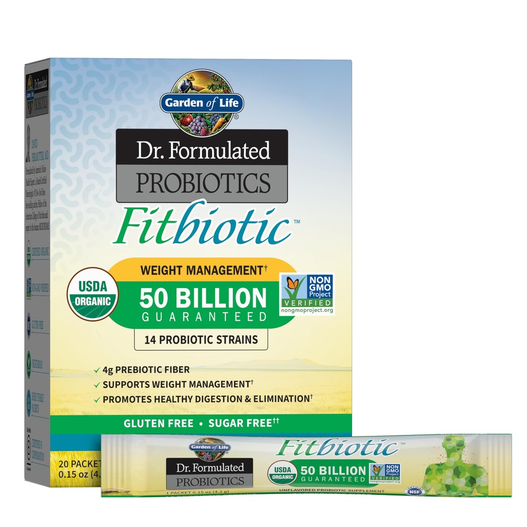 생명 박사의 정원 공식화 Probiotics Fitbiotic 무게 관리 분말, 50 억 CFU & Prebiotic 섬유, 유기 & 비 GMO 소화 Gut 건강 Probiotic 보충교재, 20 단일 봉사 Packets