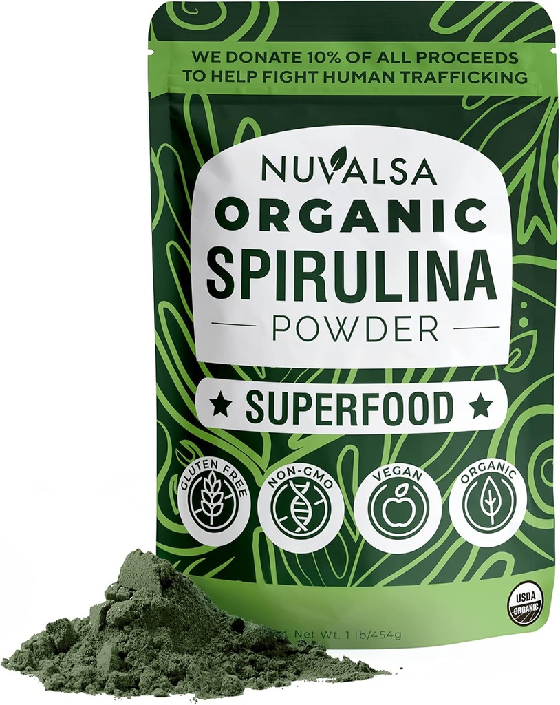 Nuvalsa 유기 Spirulina 분말 1lb – 100% 순수한 Superfood 보충교재는 매끄러운 & 단백질 음료, Vegan & USDA에 의하여 증명된 유기 - 100개의 서빙을 위한 파란 녹색 조류 비 GMO에서 보충합니다