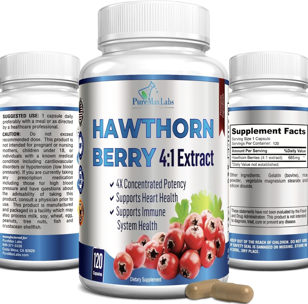 Hawthorn Berry 4 : 1 추출물 (120 캡슐) 면역 체계 지원, 슈퍼 산화 방지제, 2660mg Berries에서 농축 된 Hawthorn Berry 캡슐