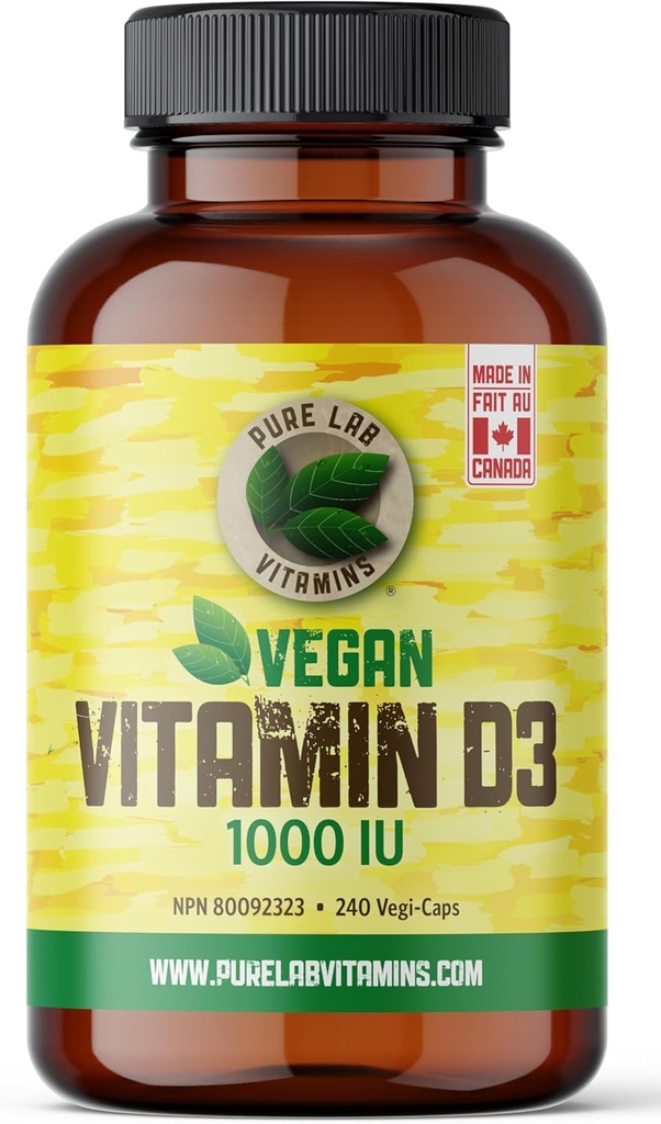 순수한 실험실 비타민 Vegan 비타민 D3 1000IU, 캐나다에서 만들어지는 240 Vegi 모자