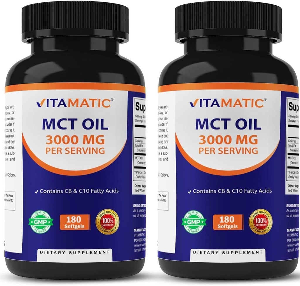 Vitamatic 2 팩 MCT 기름 캡슐 서빙 당 3000 mg - 180 Softgels - 코코넛 오일 - 55% caprylic 산 C8 및 40% capric 산 C10 (총 360 Softgel)를 포함합니다