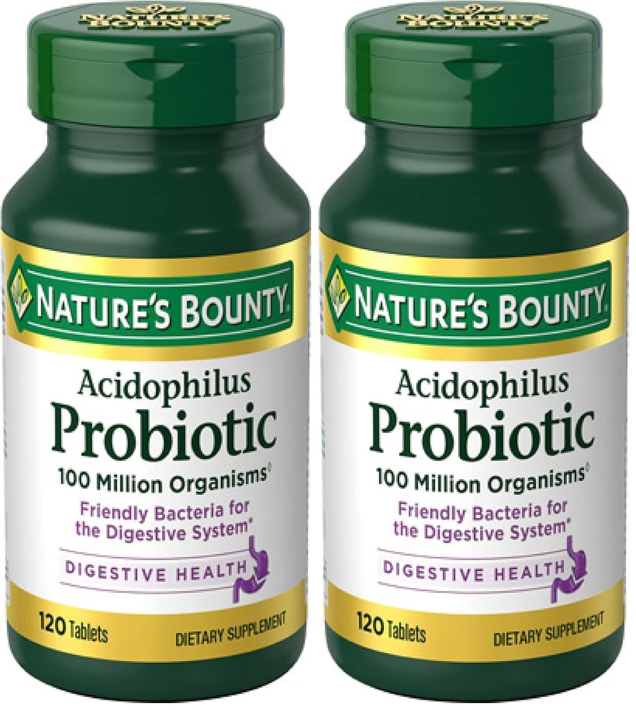 Nature 's Bounty Lactobacillus Acidophilus Probiotic Supplement - 여성 / 남성 소화 건강을위한 매일 Probiotic, 100 백만 Organisms, 채식주의, 일 당 1 서빙, 120 정제, (팩 2)