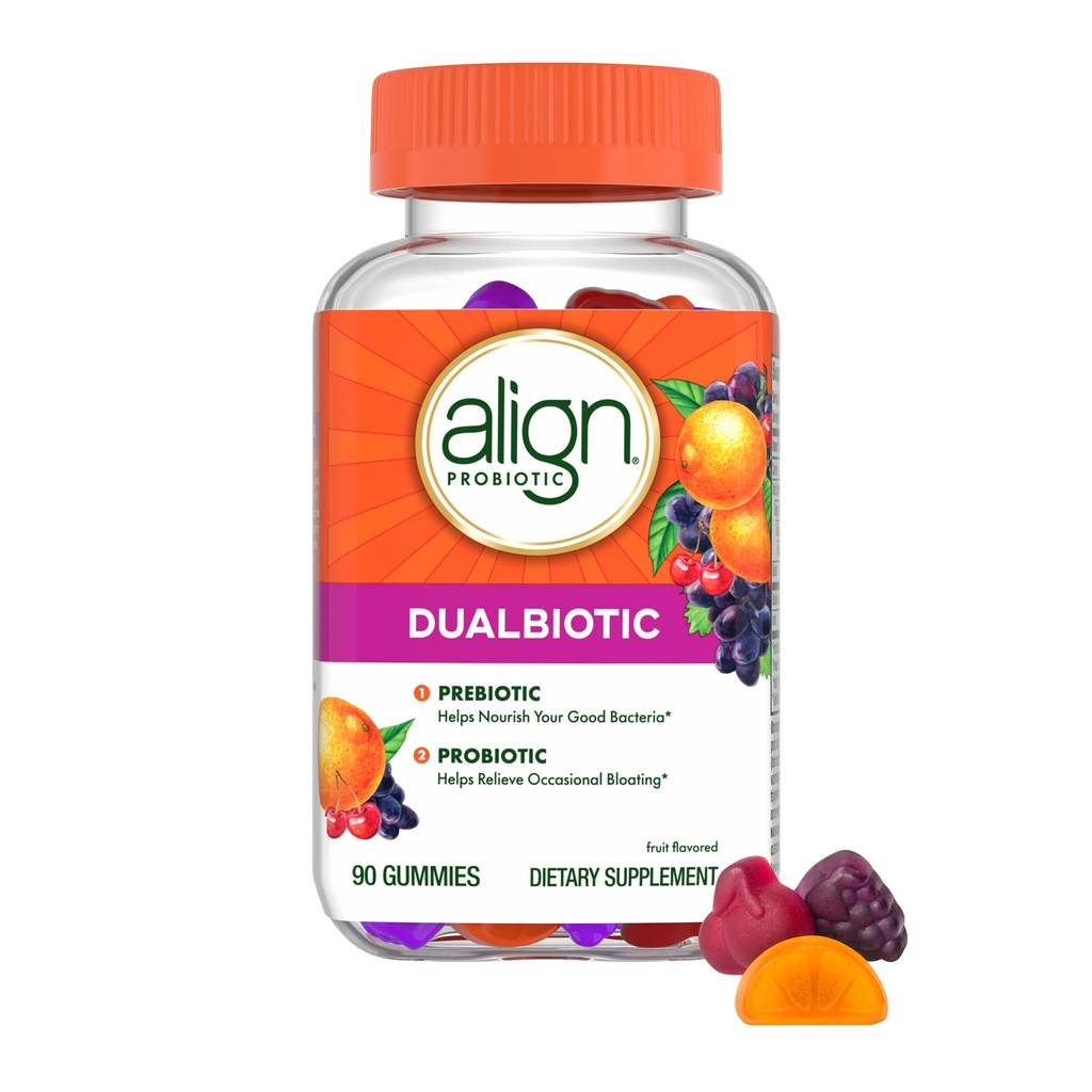 Align Dualbiotic, 여성 및 남성을위한 Prebiotics 및 Probiotics, 소화 건강을위한 Probiotics, Prebiotics 도움말 Nourish Good Bacteria, 천연 과일 맛, 90 Probiotic Gummies (패키지 May Vary)
