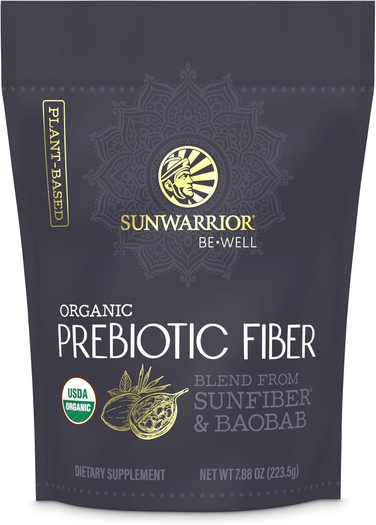 Sunwarrior Fiber Supplement Prebiotic Organic | Vegan Fiber Supplement Plant-Powered Gut Health Booster와 다이제스트 하모니에 대한 순수한 성분이 함유되어 있습니다 | Vegan & Non-GMO | 8oz pouch (30 SRV) 웰