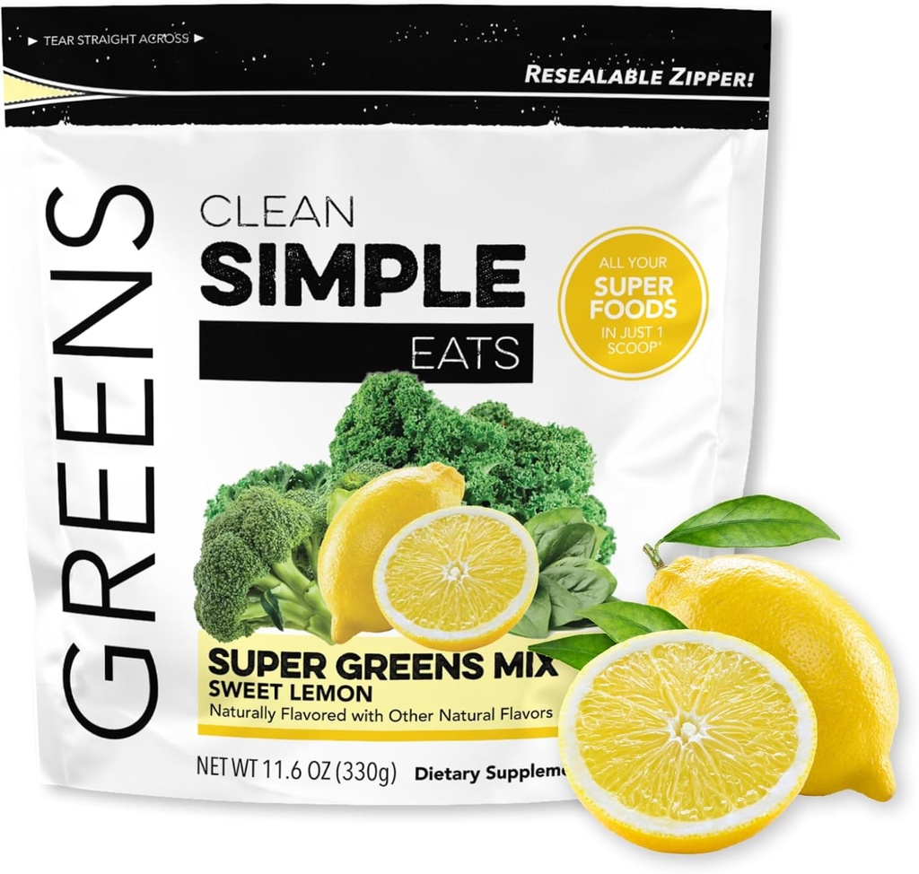 청결한 간단한 식사 최고 녹색 분말, Chlorella, Spirulina, Superfoods & Prebiotic 섬유, 인공 성분 없음, 글루텐 자유로운, 단 레몬 풍미, 30의 서빙을 가진 자연적인 풍미가 있는 녹색 분말