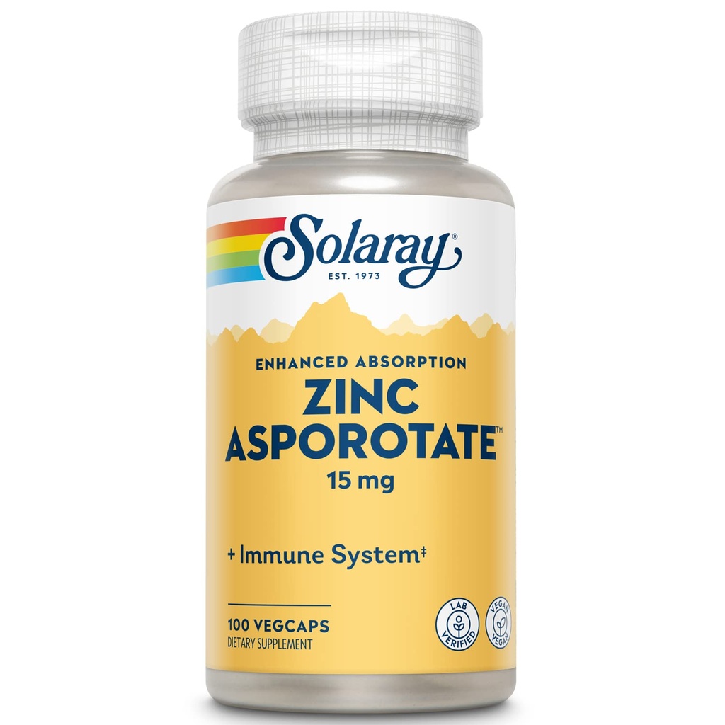Solaray 아연 Asporotate 15mg Chelated Complex | 면역력, 세포 및 피부 건강 공식, 100 VegCaps