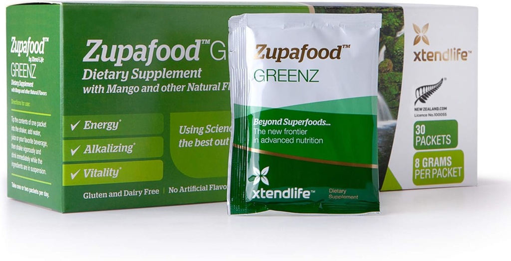 Xtendlife Zupafood GREENZ 분말 - 유기 녹색 분말 Superfood Detox Juice Mix with Spirulina/Wheatgrass for Gut Health, Natural Detoxification & Strong Immunity | 30 팩 (비건 & 글루텐 무료)