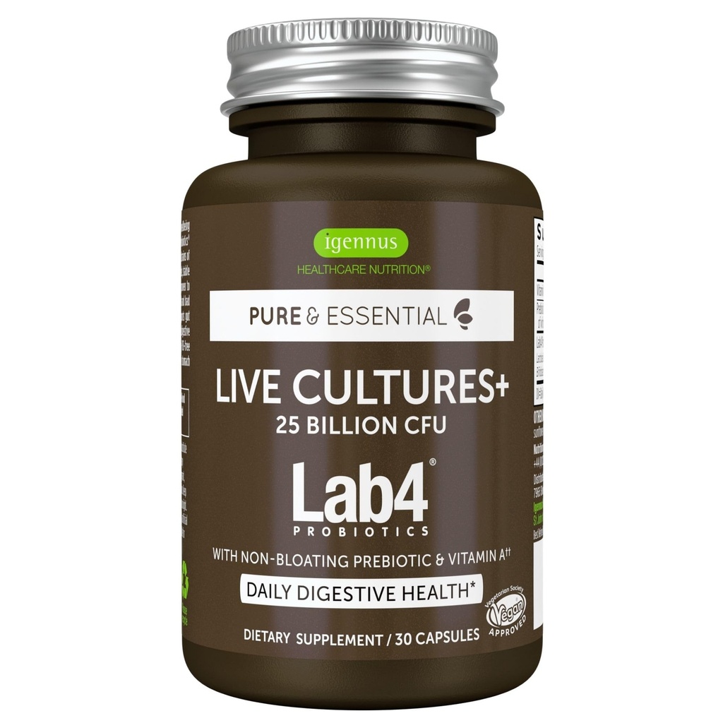 Igennus Probiotics & Prebiotic 2 in 1, Lactobacillus Acidophilus & Bifidobacterium, Gut Health Support, Live Culture+ Lab4, 보장 25 억 CFU, 여성 및 남성, 비 출혈, 비 GMO, 30 캡슐