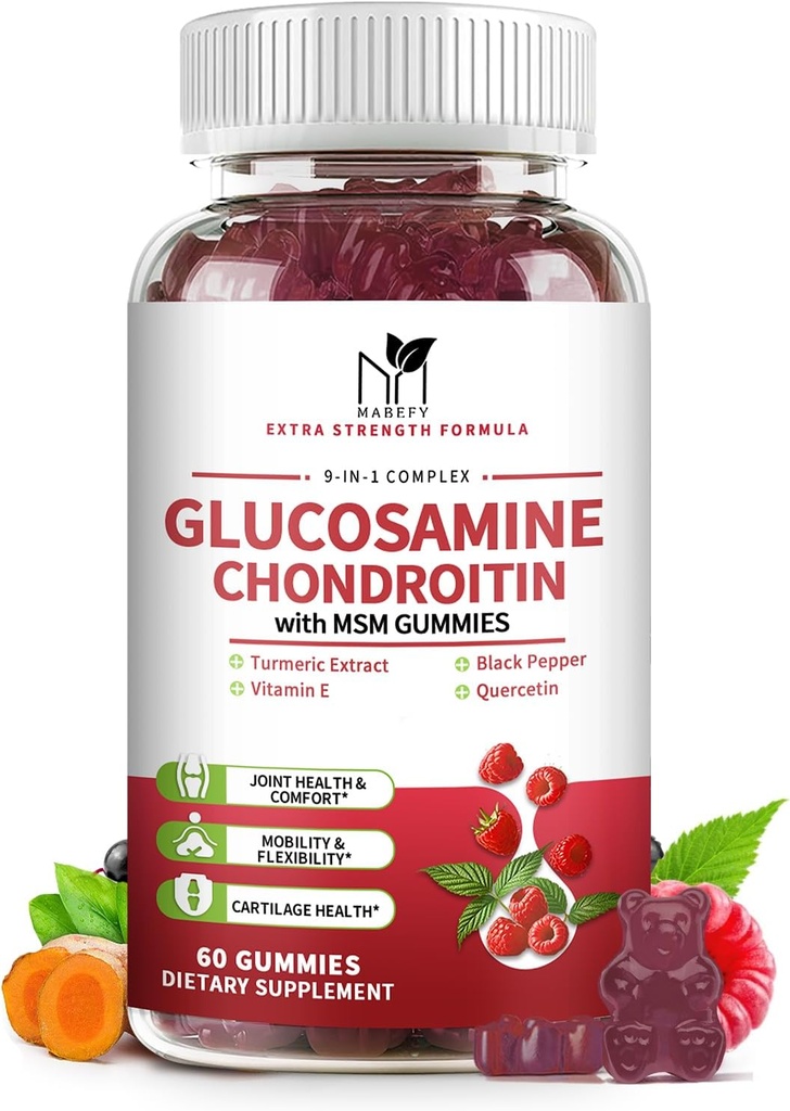 Glucosamine Chondroitin Gummies 트리플 강도 (1,000mg Glucosamine, 750mg Chondroitin) MSM, Turmeric, Quercetin, 비타민 E, 공동 지원 보충교재, 산화 방지제 60 Gummies 라즈베리 맛