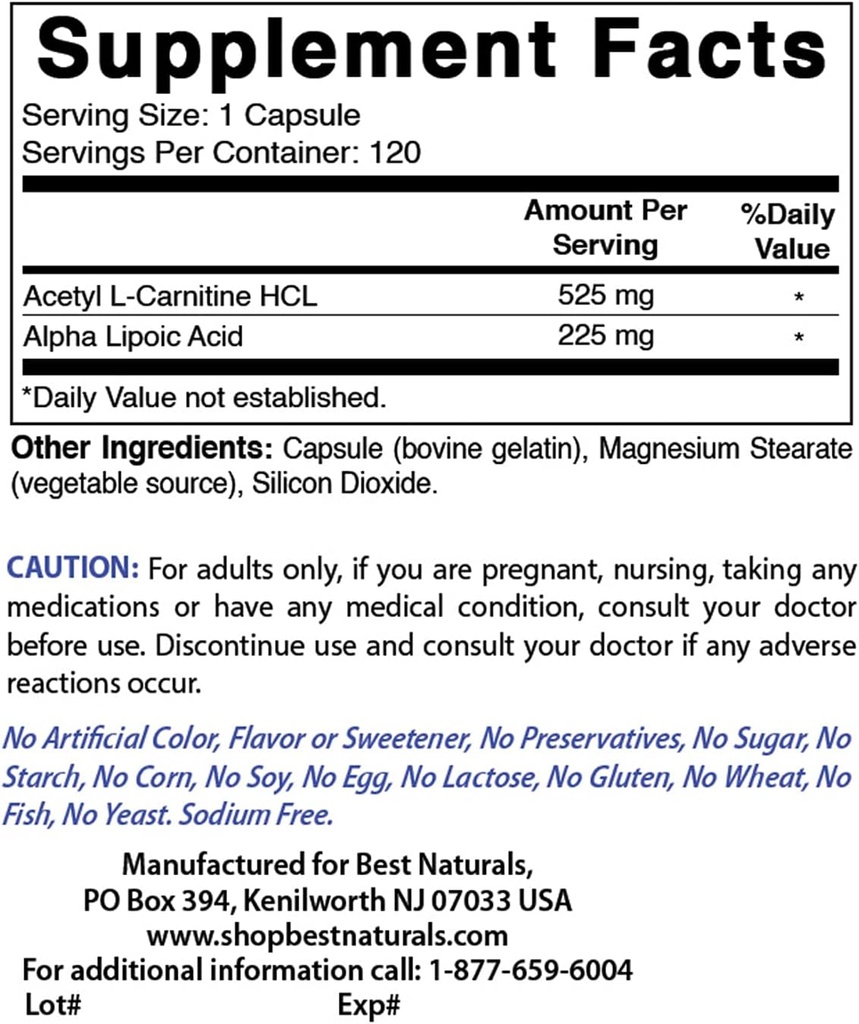 제일 자연적인 아세틸 L 카르니틴 및 알파 Lipoic 산 750 mg & 아연 Gluconate 50mg