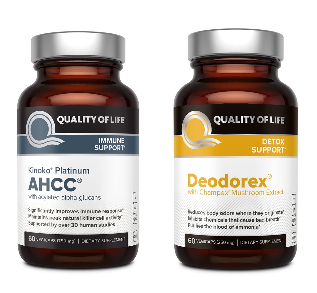 삶의 질 모든 자연 면역 지원 및 해독 번들 - Kinoko Platinum AHCC 버섯 추출물 - Deodorex Detox Support Supplement