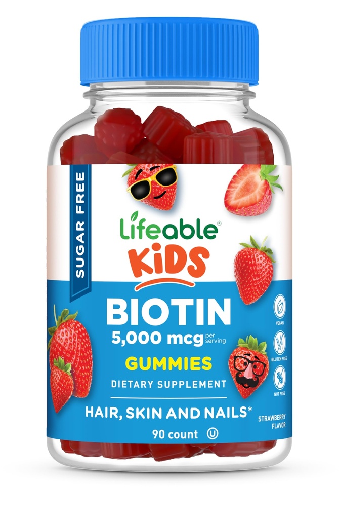 Lifeable Sugar Free Kids Biotin Gummies | 5000mcg | 훌륭한 타스팅 Biotin Supplement | 머리 성장, 피부, 네일 건강에 대한 Biotin Gummies | 아이, 소년, 소녀를위한 헤어 비타민 | 90 Gummies