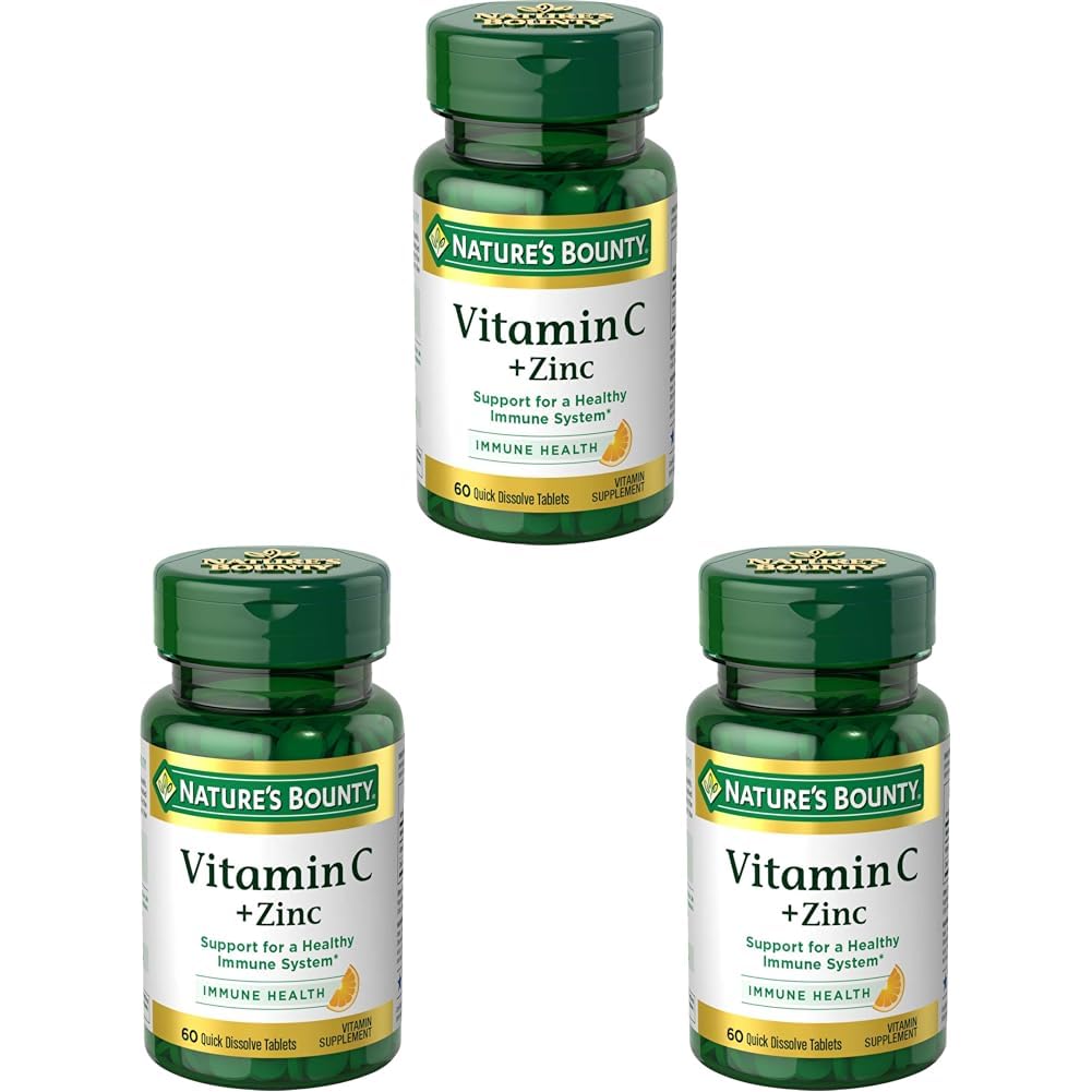 Nature 's Bounty Vitamin C + 아연, 비타민 보충, 면역력 지원, 60 mg, 60 정제 (포장 3)