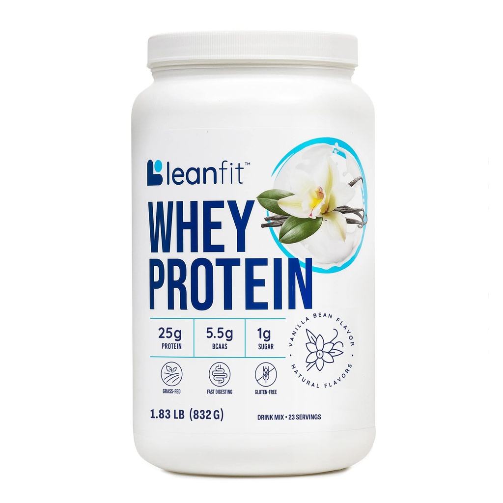 LeanFit WHEY Protein Natural Vanilla - 100 % Whey Protein Powder, 서빙 당 24g Protein - Grass-Fed, Gluten-Free, Low Carb, BCAAs, 아미노산 - 23 서빙, 1.83 파운드 Tub