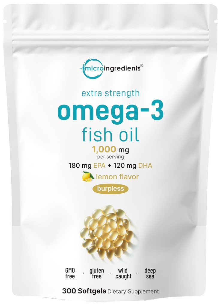 마이크로 성분 여분 힘 Omega 3 물고기 기름은 서빙 당 1,000mg, 300 Softgel | 레몬 맛 | Burpless | EPA 180mg + DHA 120mg | 심해 물고기