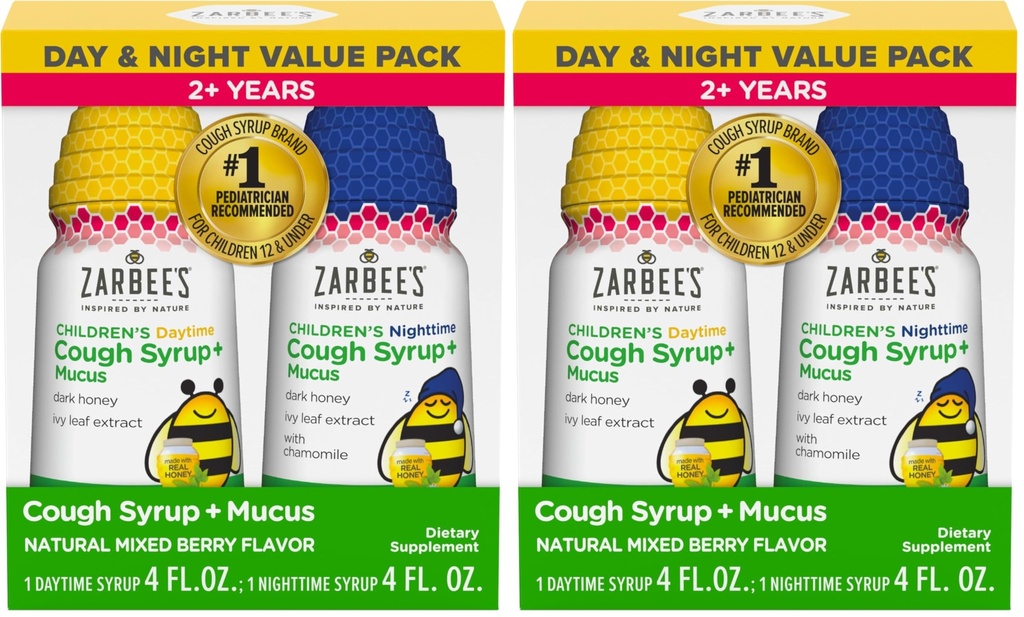 Zarbee의 어린이 꿀 기침 시럽 + Mucus Day & Night Value Pack, Daytime & Nighttime Toddler Cough Syrup,Dark Honey,Ivy Leaf Extract,Chamomile,Mixed Berry flavor,4 Fl Oz,(Pack of 4)