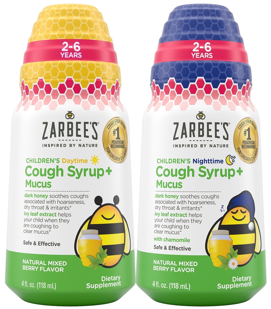 Zarbee의 Kids Cough + Mucus Daytime 및 Nighttime for Children 2-6 for Dark Honey, Ivy Leaf, 아연 및 Elderberry, 1 Pediatrician 추천, 약물 및 알코올 무료, 혼합 Berry 맛, 4FL Oz