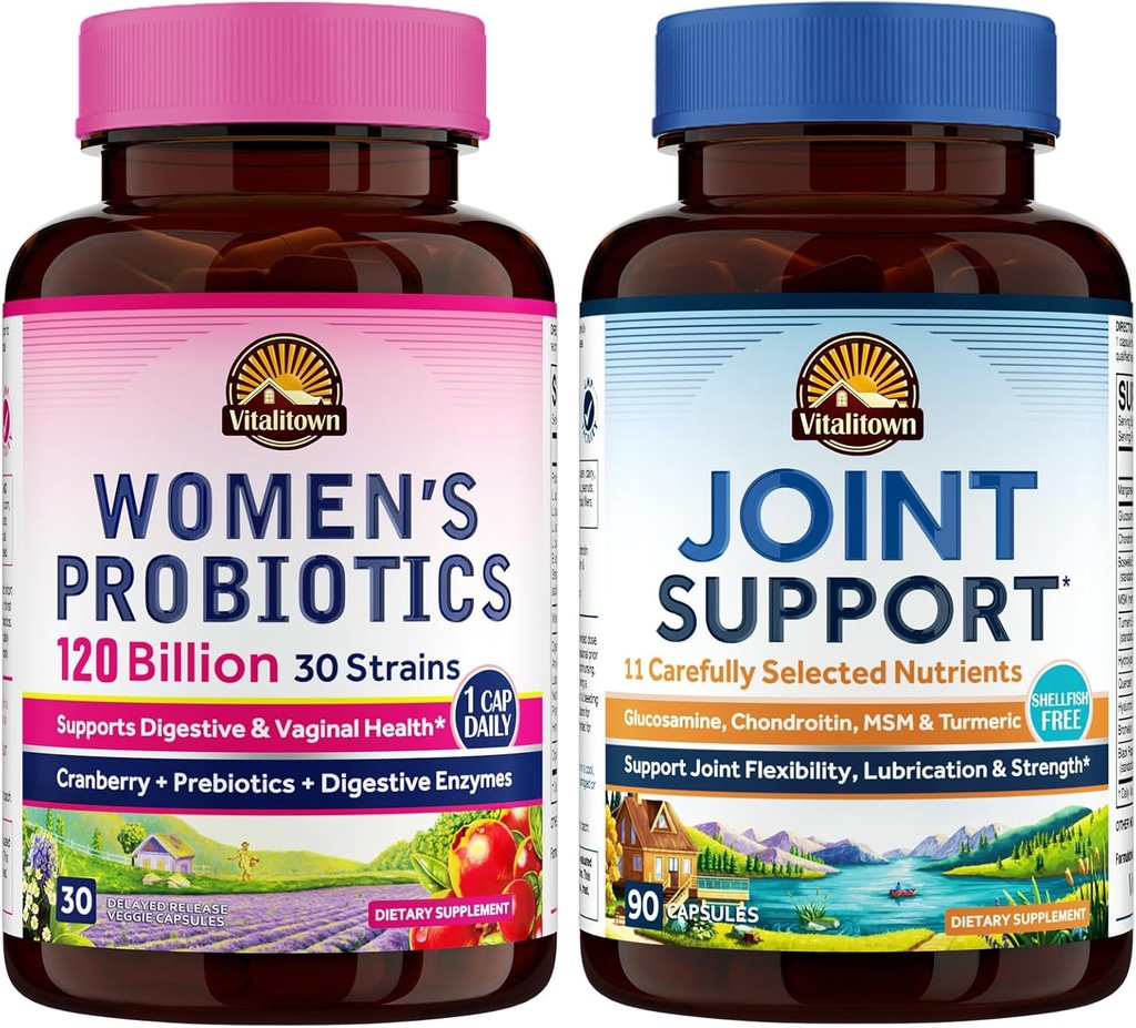 Vitalitown Women’s Probiotic & Joint Support Bundle (Pack of 2) | 여성 프로바이오틱스 120억 (품목 1) 및 조인트 지원(품목 2) | 선반 안정 | 조인트 & 여성 건강 | 망고