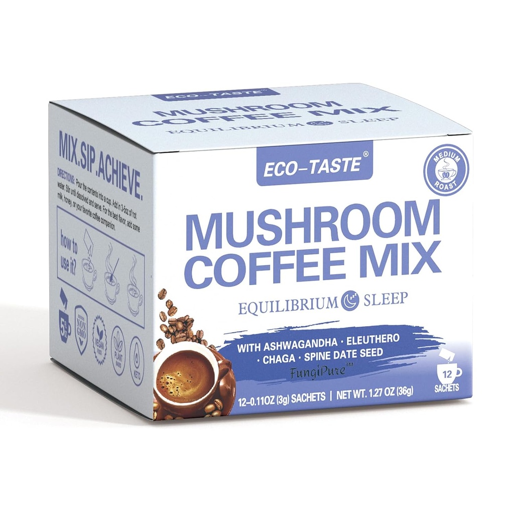 ECO-TASTE Mushroom Coffee Mix는 Ashwagandha, Eleuthero, Chaga, Spine 날짜 씨앗과 균형을 위해 설계되었습니다. 12 Sachets