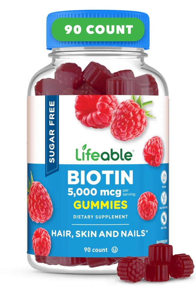 Lifeable Sugar Free Biotin Gummies | 5000mcg 비타민 B7 | 훌륭한 타스팅 Biotin Supplement | 모발 성장, 피부 및 네일 건강 | 여성용 헤어 보충, 남성, 성인 | 90 Gummies