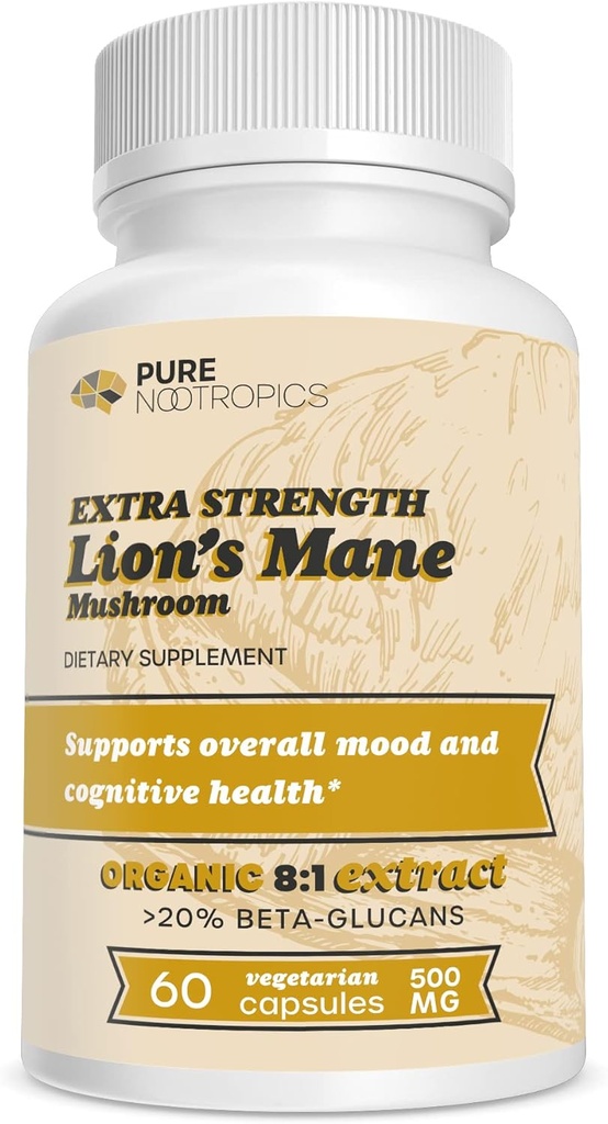 순수한 Nootropics - 유기 사자 Mane 8 : 1 버섯 500 mg | 이중 추출물 | 60 채식 모자 | >20 % 베타 글루칸 | 헤르딕시어 | 뇌 건강