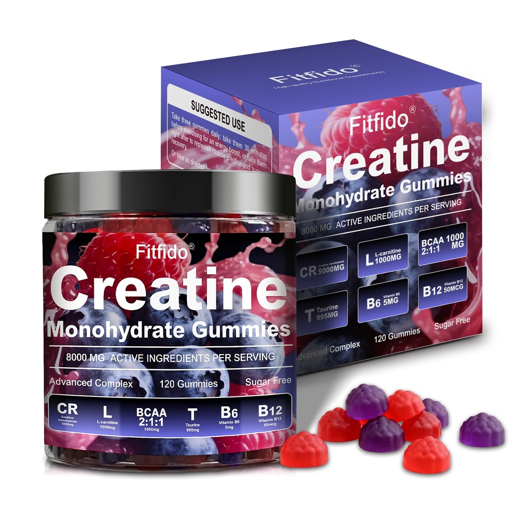 Creatine Monohydrate Gummies Complex 8000mg 남성과 여성, L-carnitine & Taurine 포함, 근육을 구축, Boost 에너지, 패스너 복구, 설탕 무료 & Vegan, 라즈베리 & 블랙 베리, 120 조사