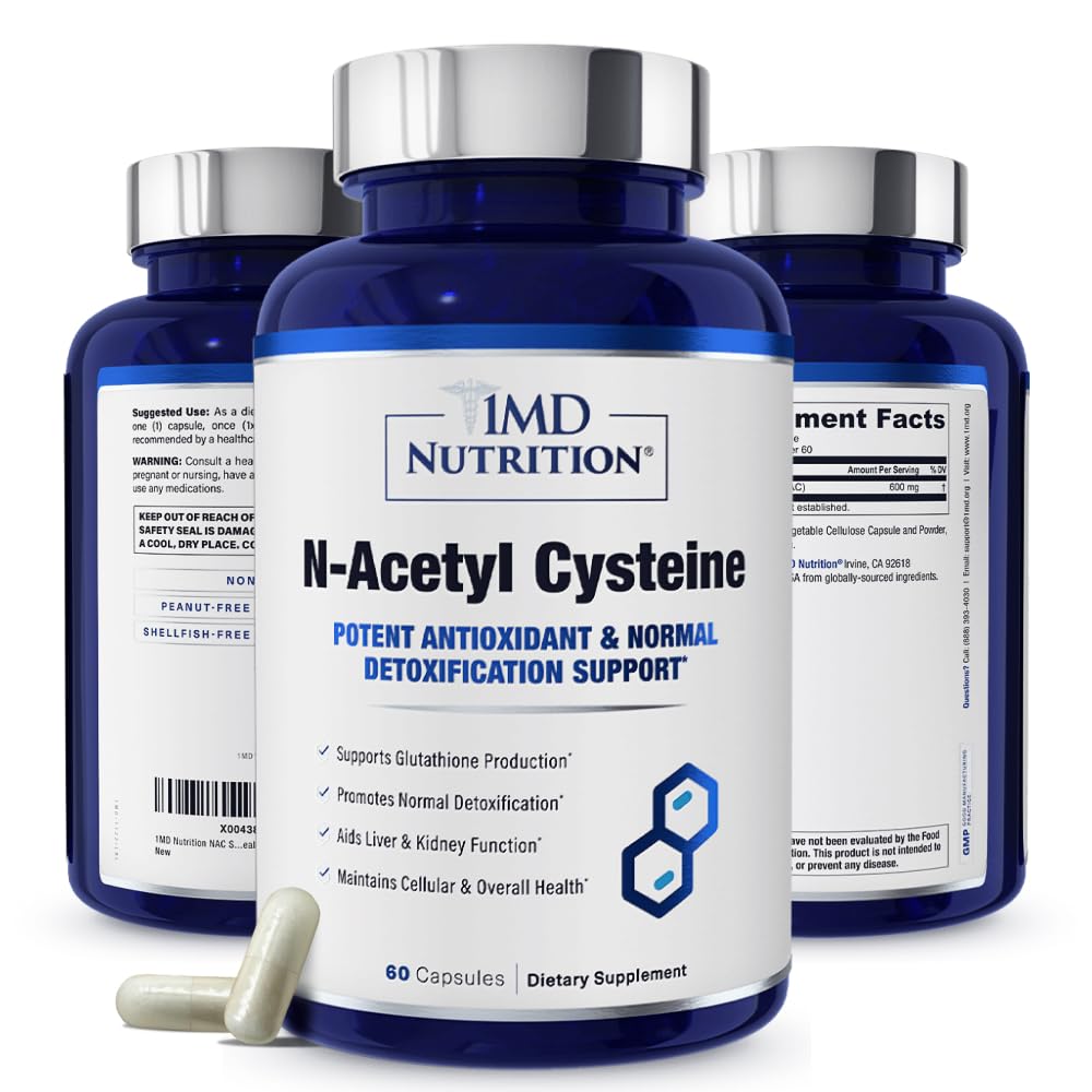 1MD 영양 NAC 보충교재 N 아세틸 Cysteine - NAC 600 mg - 산화 방지제 지원 Detox와 Glutathione 생산 - N Acetylcysteine Respiratory 보충교재 Lung 건강을 위한 - 60의 캡슐