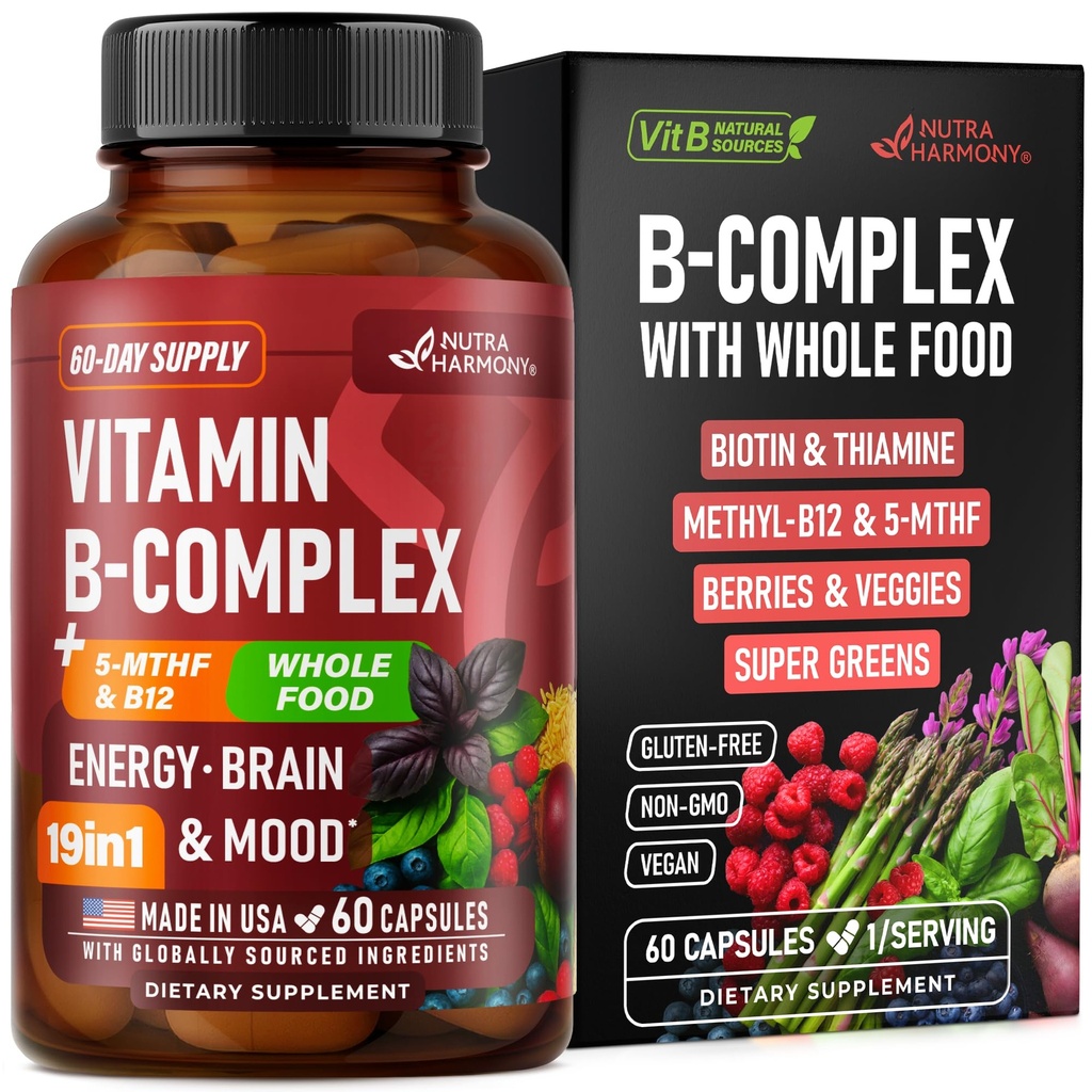 비타민 B 복합체 - B1 | B2 | B3 | B5 | B6 | Biotin | B12 | 5-MTHF - Astragalus & Whole Food Blend - Energy, Metabolism & Brain - 미국산 비타민 B - 60 캡슐, 60 일 공급