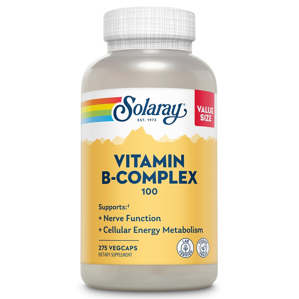 SOLARAY 비타민 B 복합체 100mg - 세포 에너지, Nerve 및 심장 건강 지원 - 모든 8 B 복합체 비타민 공급 - 비타민 B12, B1, B2, B3, B6, Niacin, Folic 산 및 Biotin - Vegan, 275 서빙
