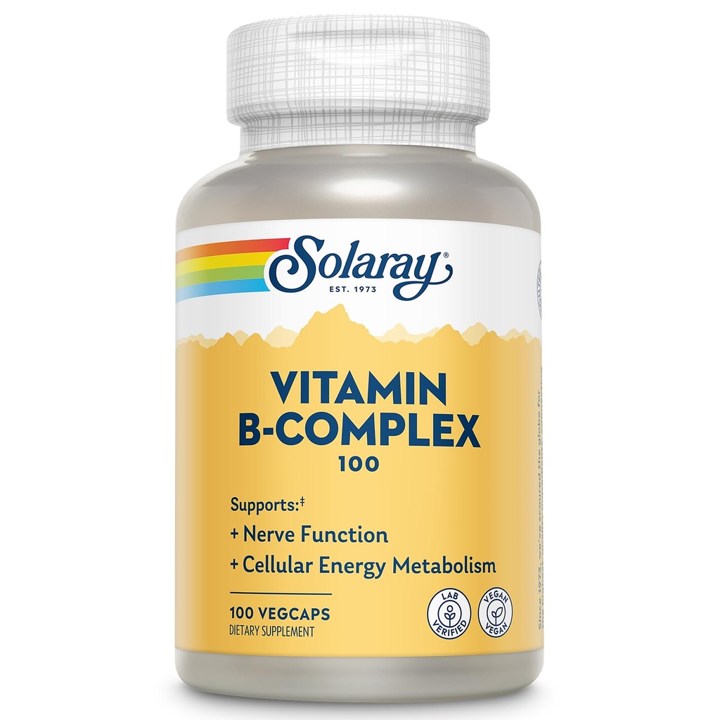 SOLARAY 비타민 B 복합체 100mg - 셀룰러 에너지, Nerve 및 심장 건강 지원 - 모든 8 B 복합체 비타민 공급 - 비타민 B12, B1, B2, B3, B6, Niacin, Folic 산 및 Biotin - Vegan, 100 서빙
