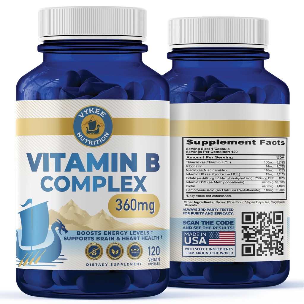 Vykee Nutrition B Complex 보충교재 – 750mg DFE Folate, 440mcg B12/Biotin를 가진 높 순수성 B 비타민 | Vegan Non-GMO | 세포 에너지 생산 및 빨간 혈액 세포 형성 지원 | 120의 캡슐
